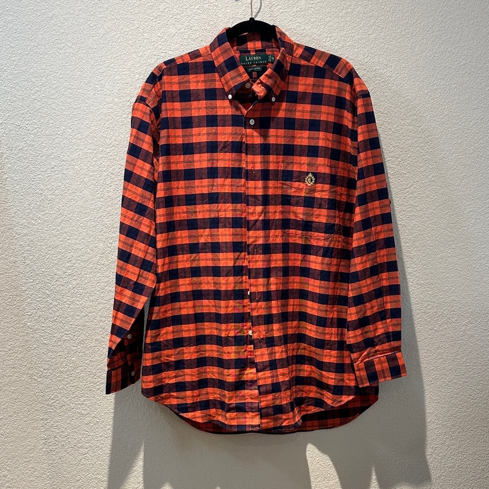 Lauren Ralph Lauren Orange and Navy Plaid Button-Down Shirt Size Medium